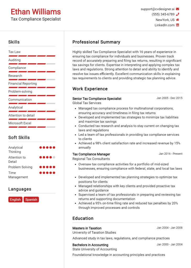 Tax Compliance Specialist Resume Example