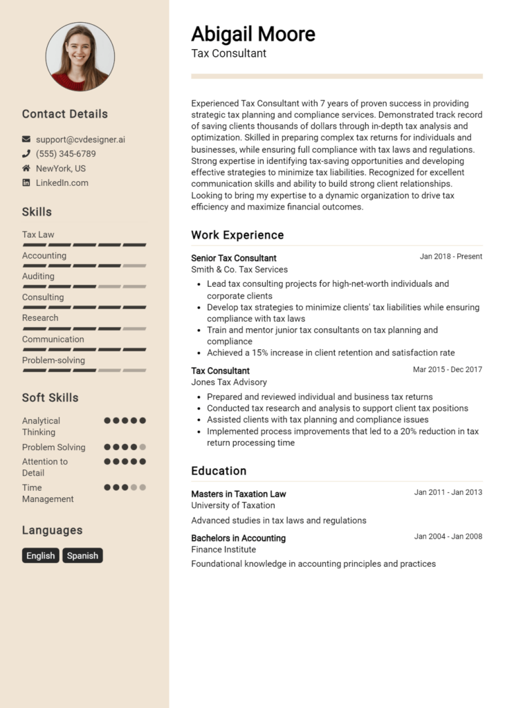 Tax Consultant Resume Example