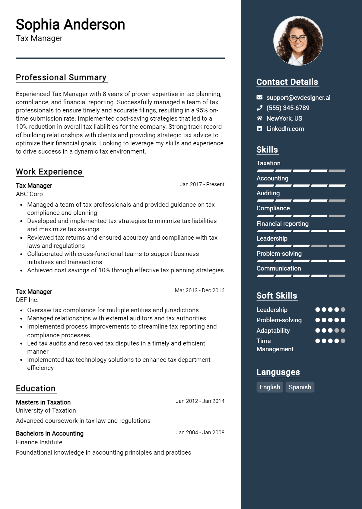 Tax Manager Resume Example