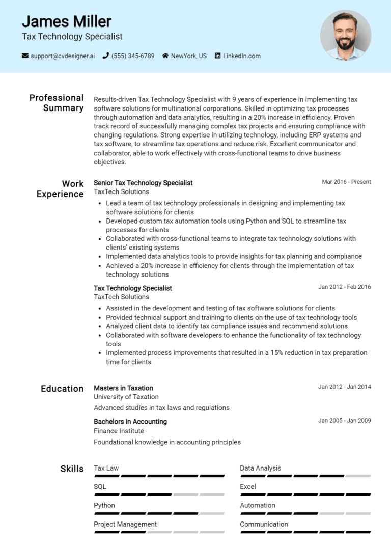 16 Tax Technology Specialist Resume Examples And Templates for 2025: Top Tips