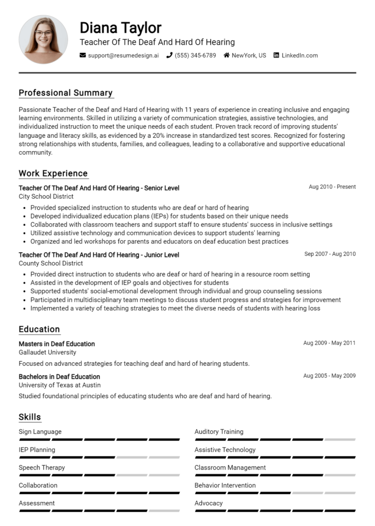 Teacher Of The Deaf And Hard Of Hearing Resume Example