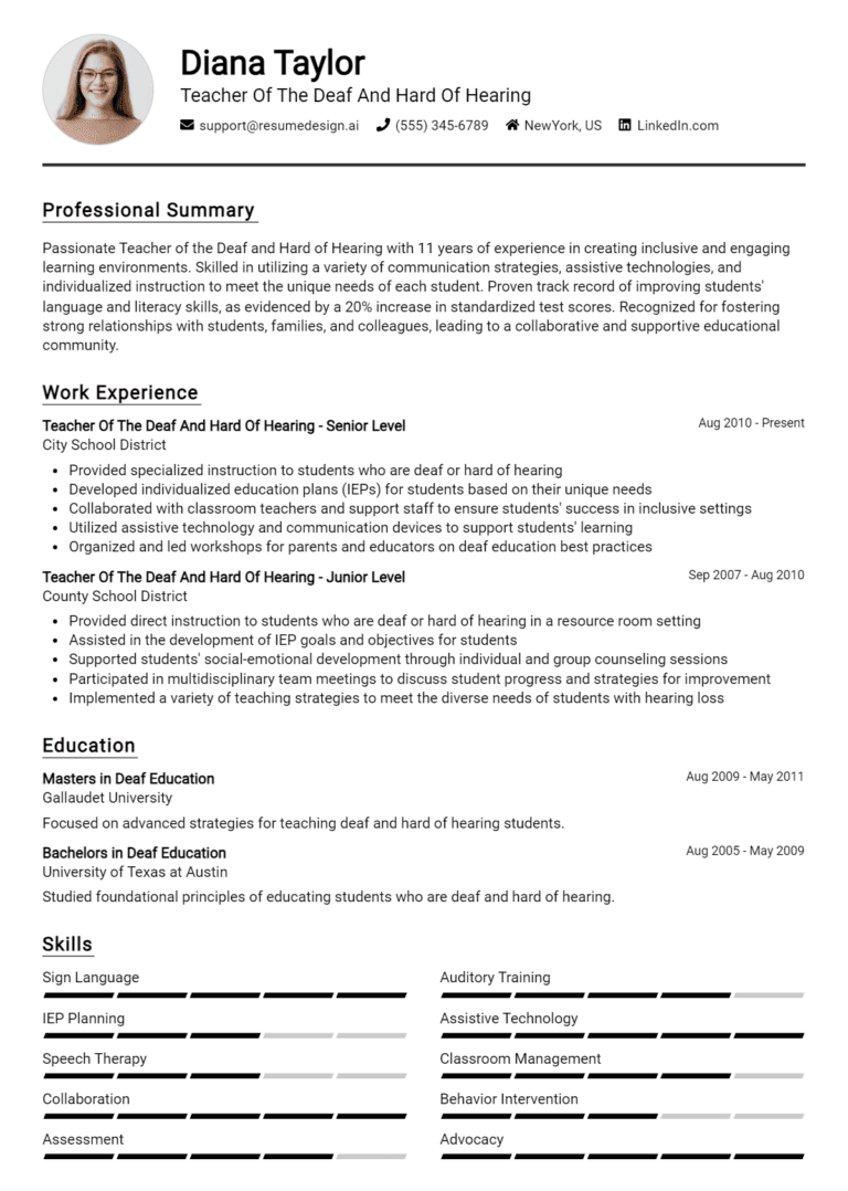15 Teacher of the Deaf and Hard of Hearing Resume Examples And Templates for 2025