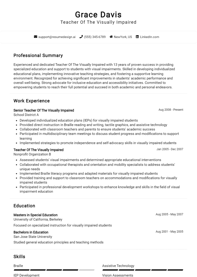 15 Teacher of the Visually Impaired Resume Examples And Templates for 2025: Top Tips