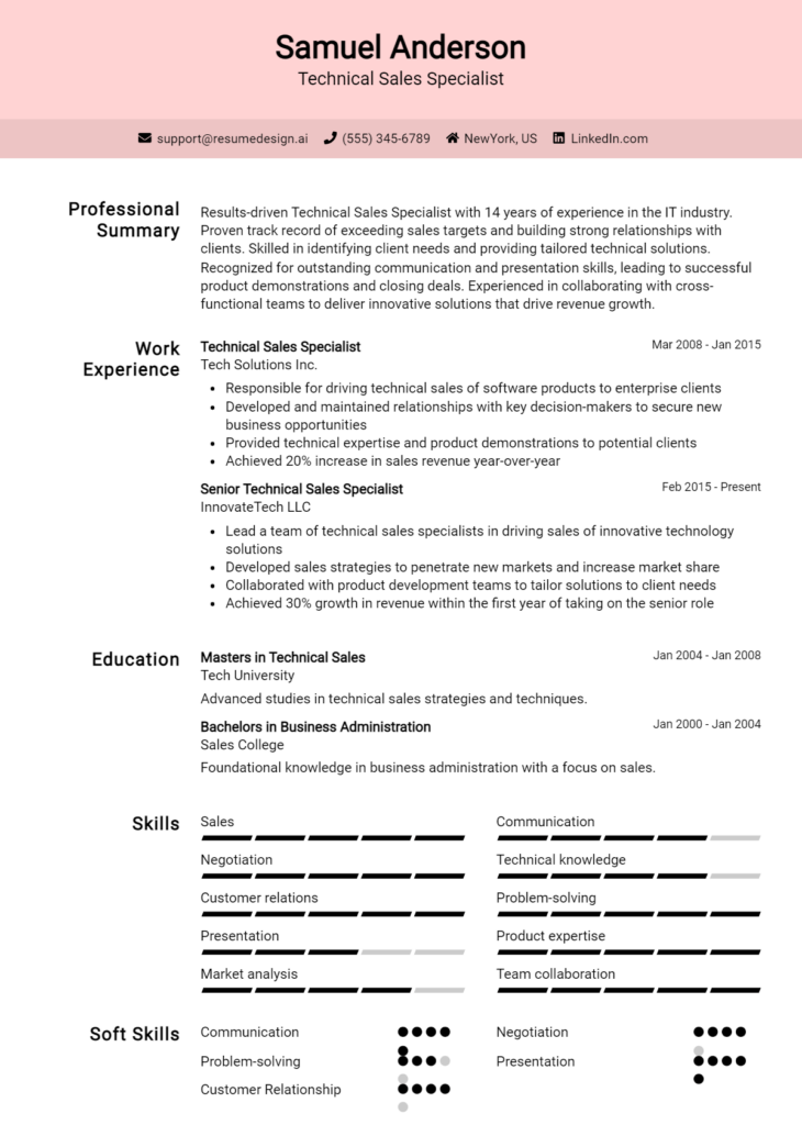 Technical Sales Specialist Resume Example