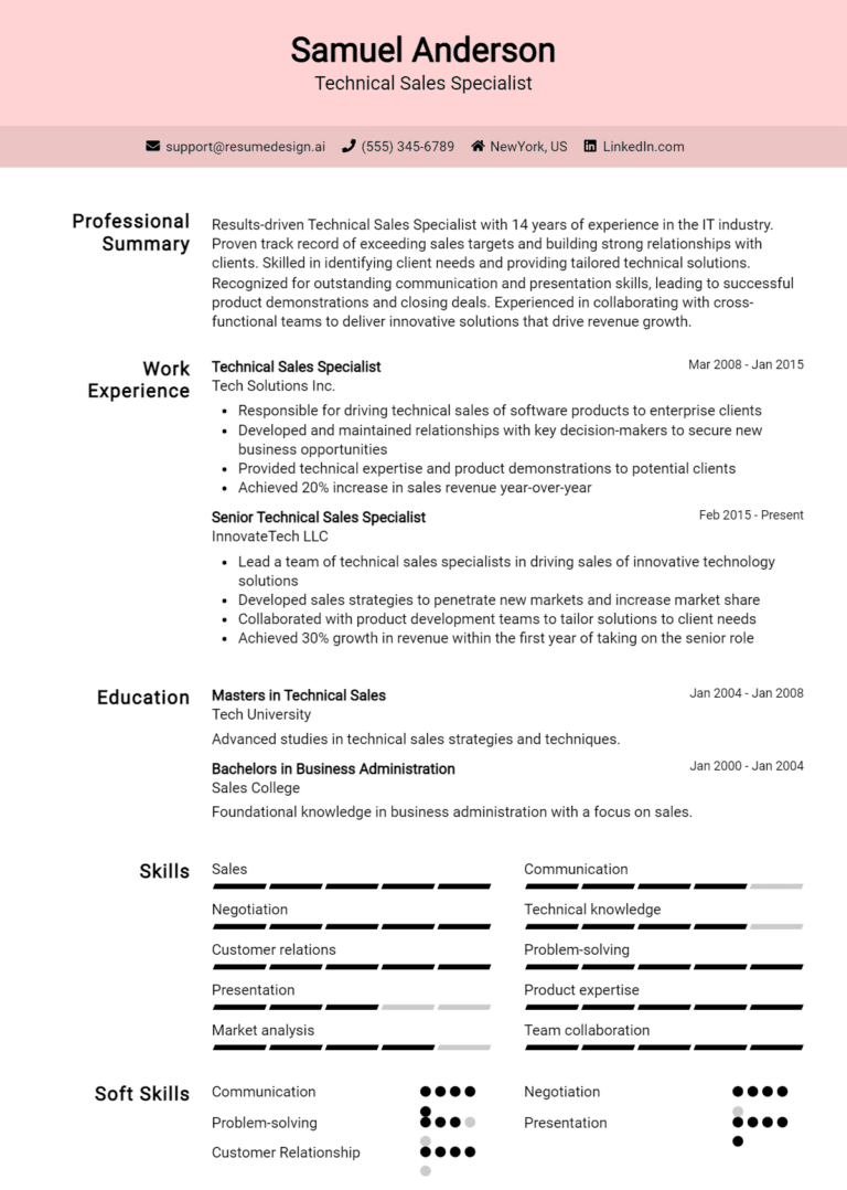30 Technical Sales Specialist Resume Examples And Templates for 2025
