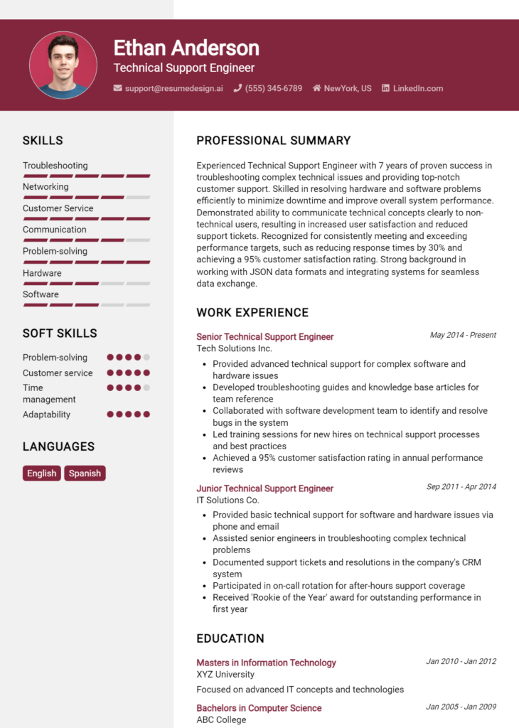 Technical Support Engineer Resume Example