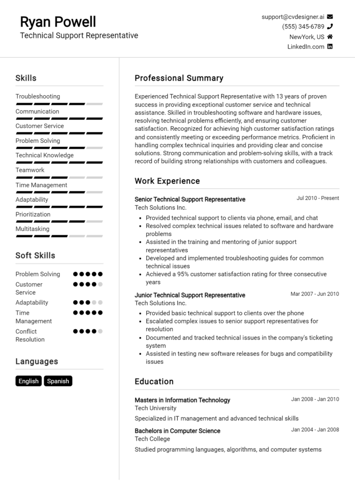 Technical Support Representative Resume Example