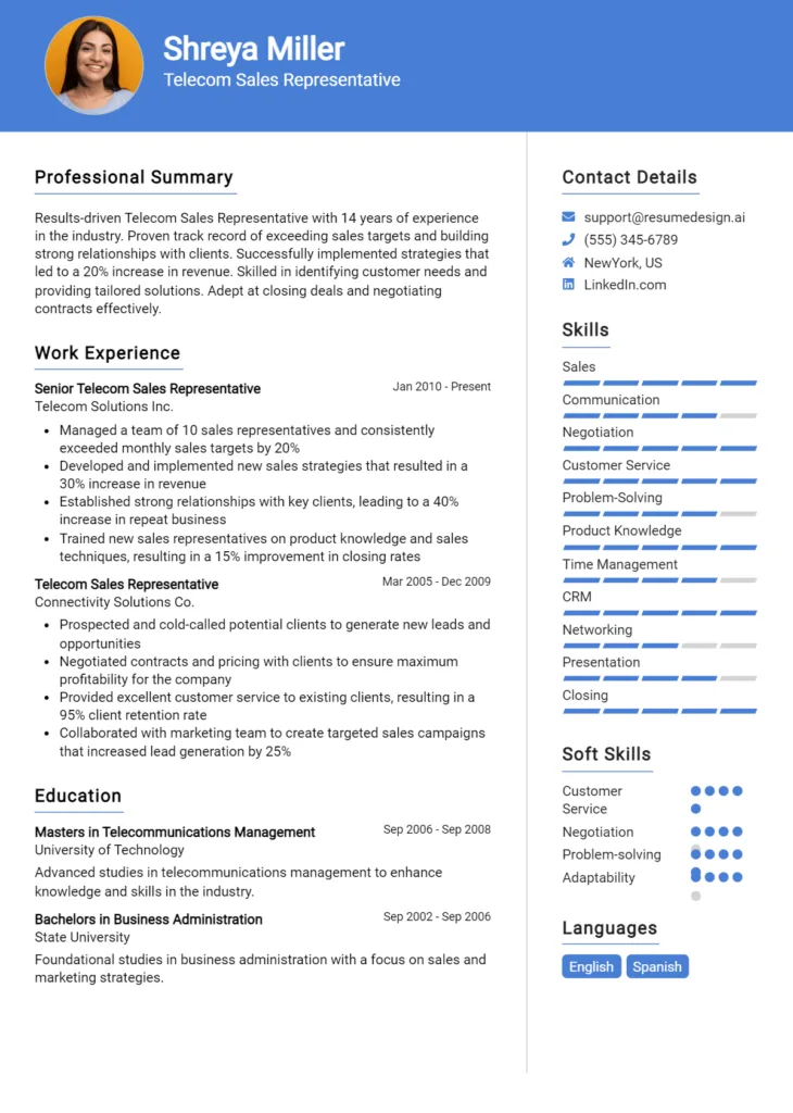 Telecom Sales Representative Resume Example