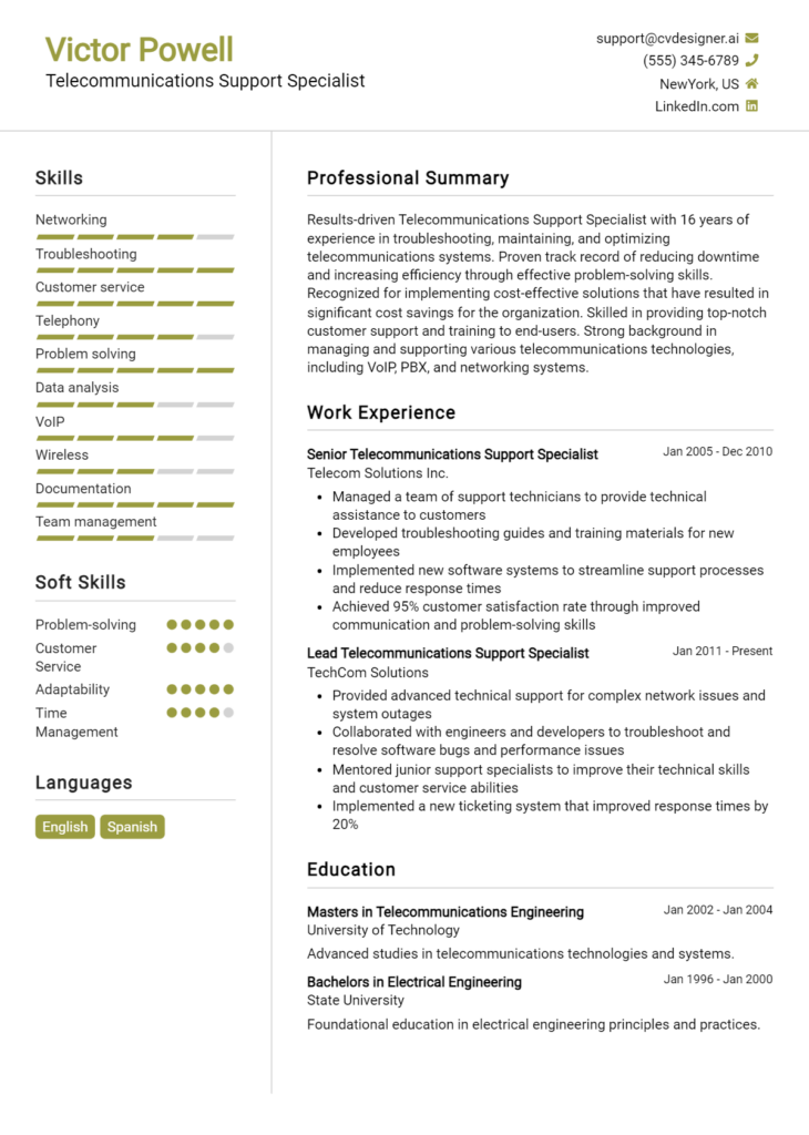 Telecommunications Support Specialist Resume Example