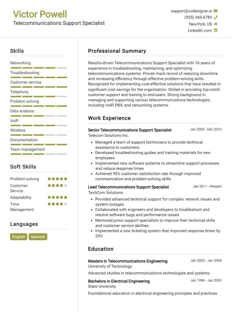 16 Telecommunications Support Specialist Resume Examples And Templates for 2025