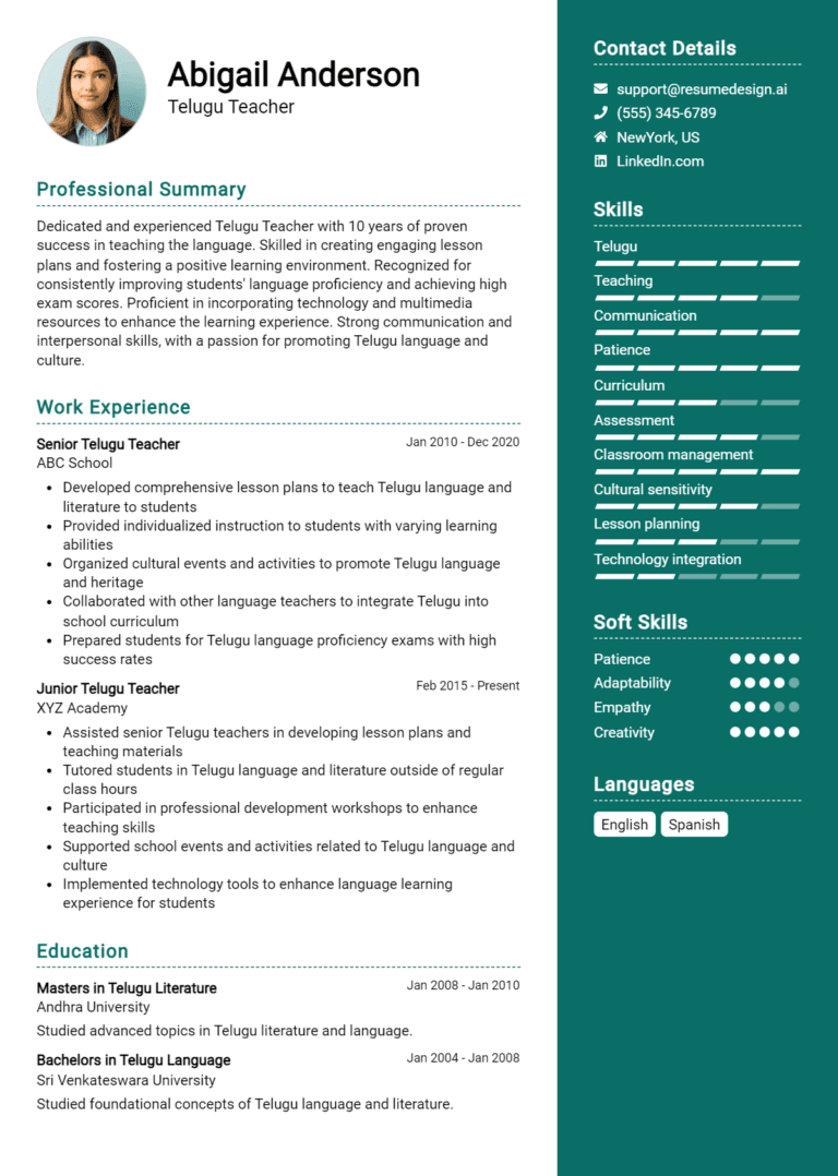 10 Telugu Teacher Resume Examples And Templates for 2025 [Guide]