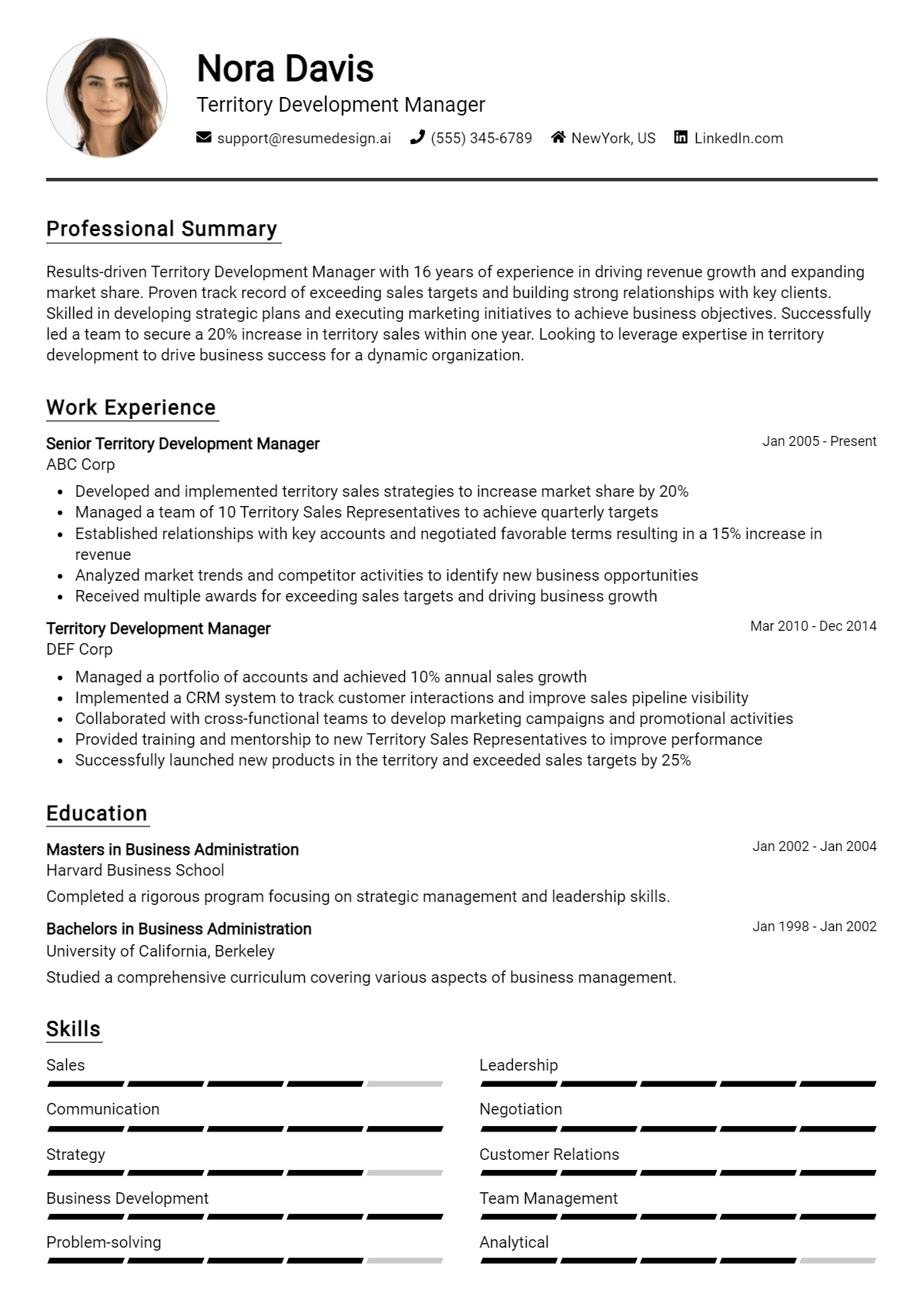 Territory Development Manager Resume Example