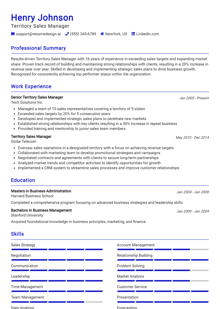 Territory Sales Manager Resume Example