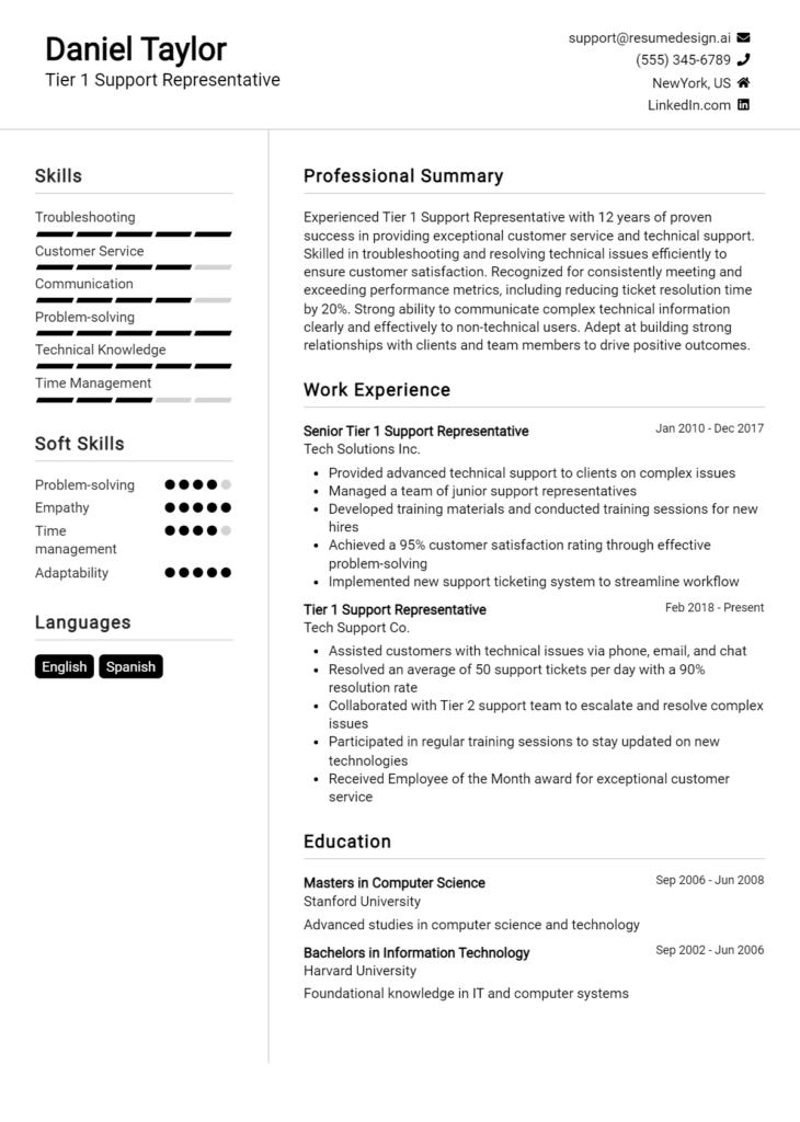 Tier 1 Support Representative Resume Example