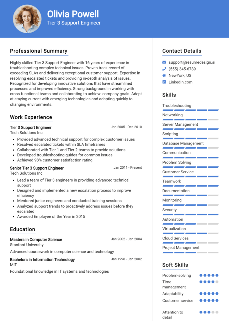 Tier 3 Support Engineer Resume Example