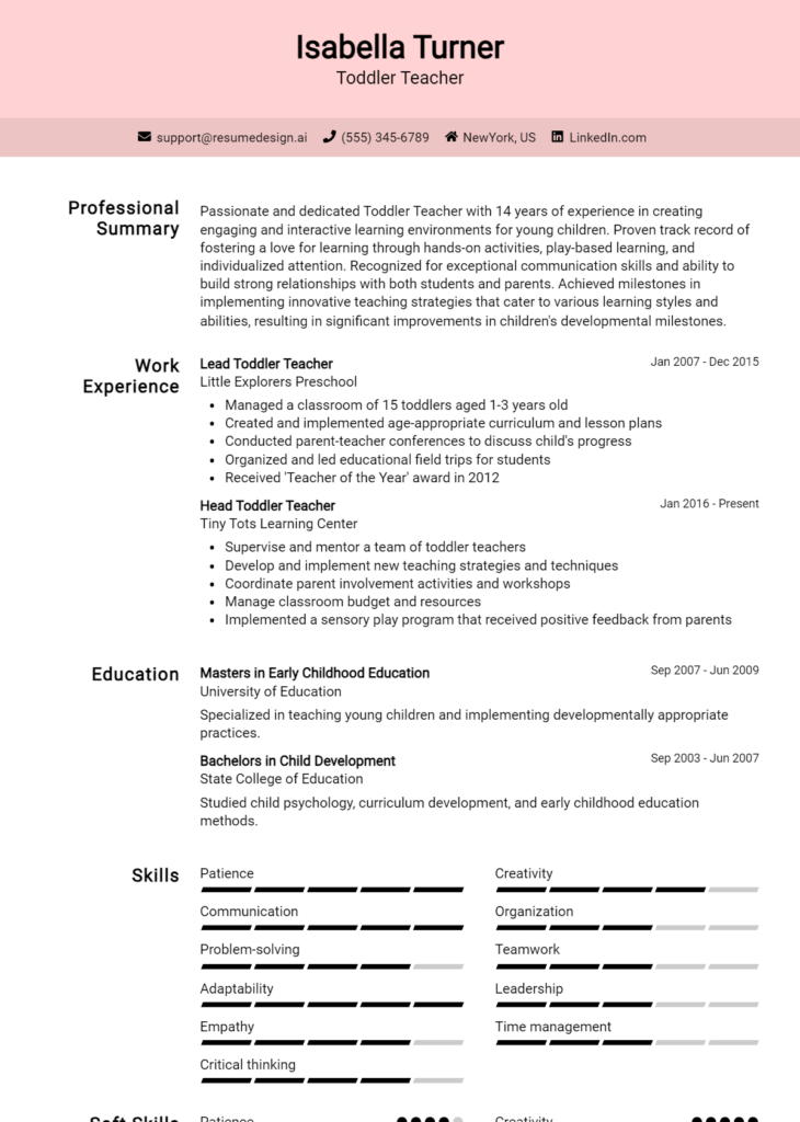 Toddler Teacher Resume Example