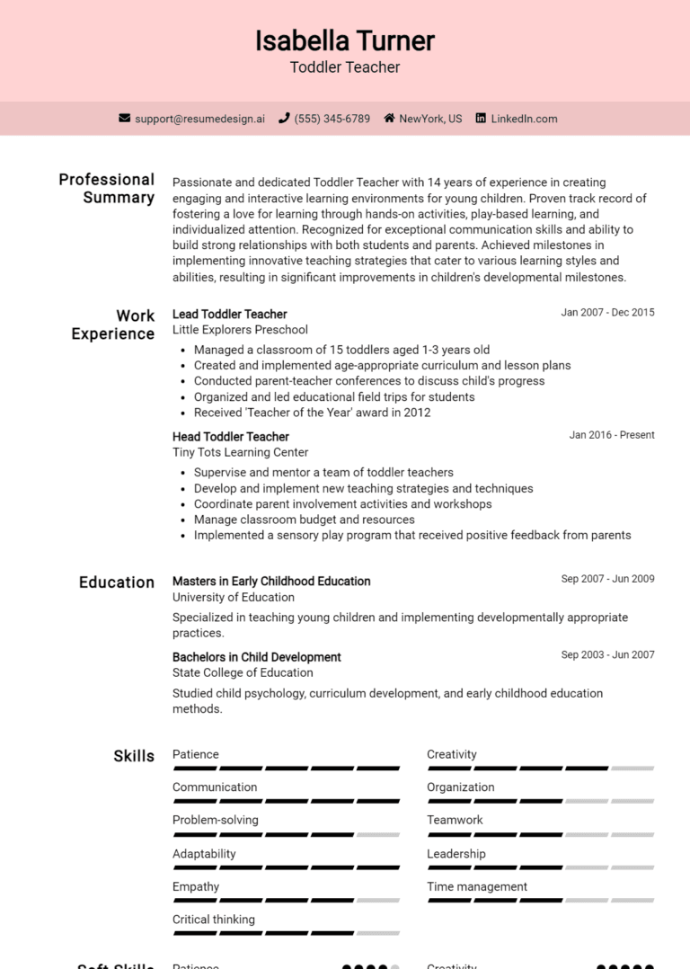 11 Toddler Teacher Resume Examples And Templates for 2025 (Downloadable)