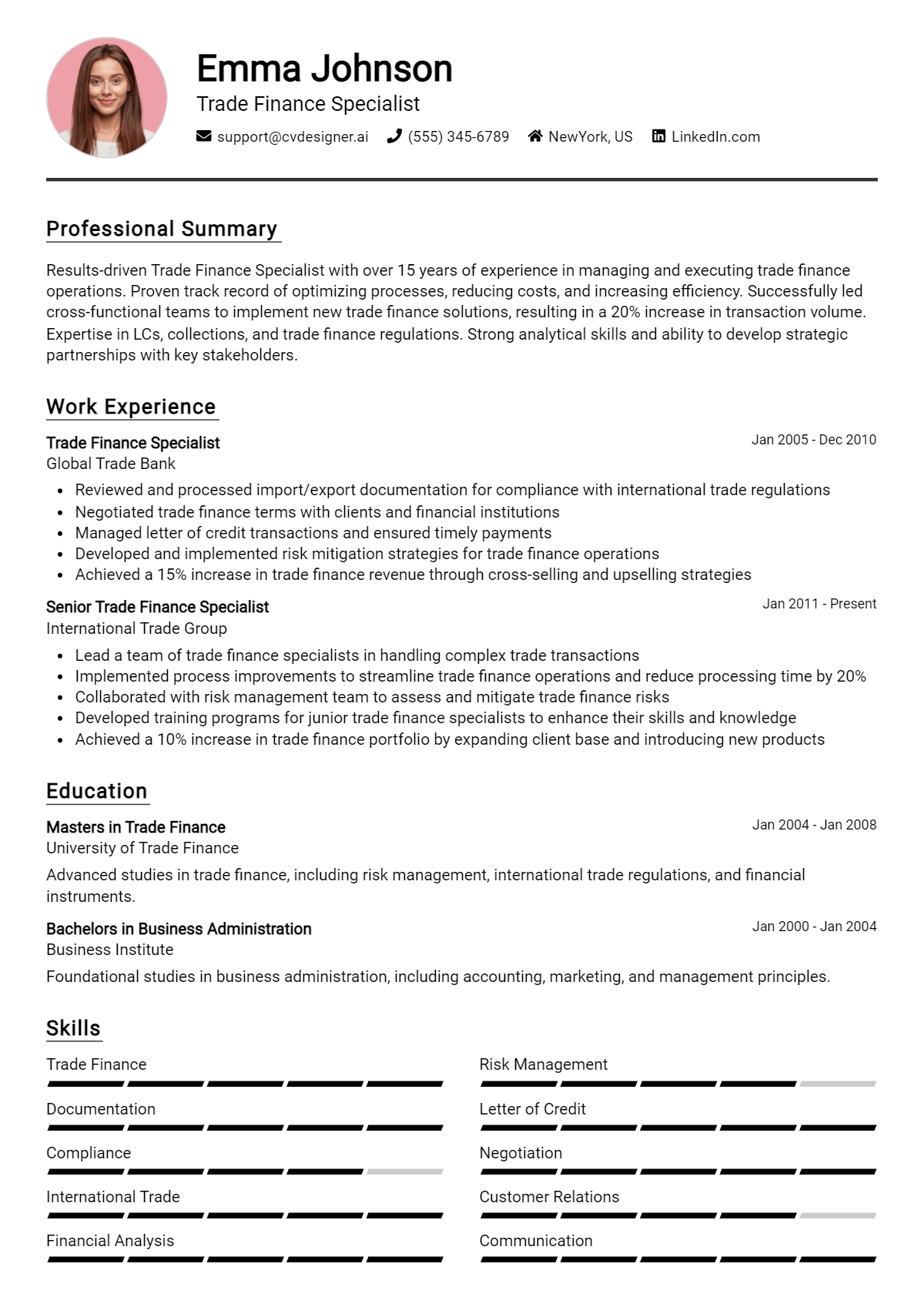 Trade Finance Specialist Resume Example