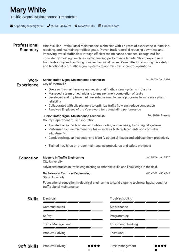 Traffic Signal Maintenance Technician Resume Example