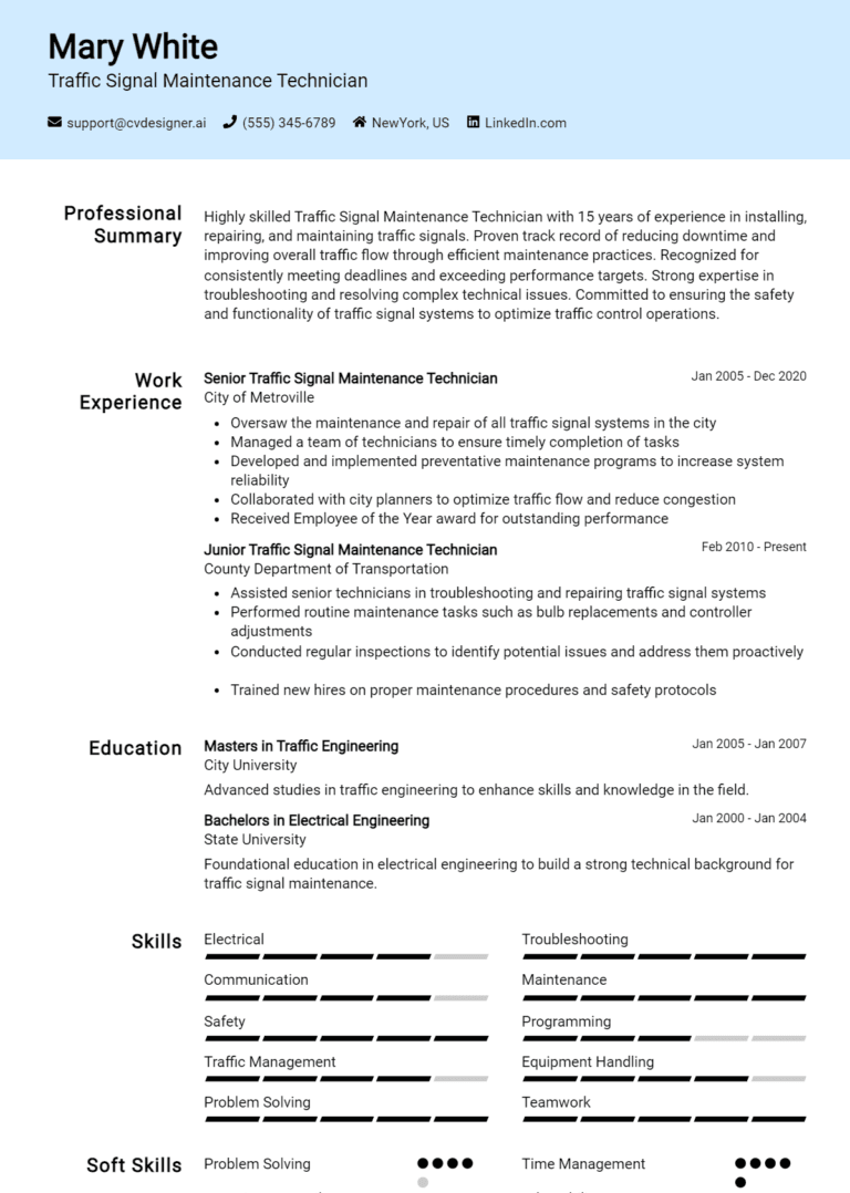 17 Traffic Signal Maintenance Technician Resume Examples And Templates for 2025