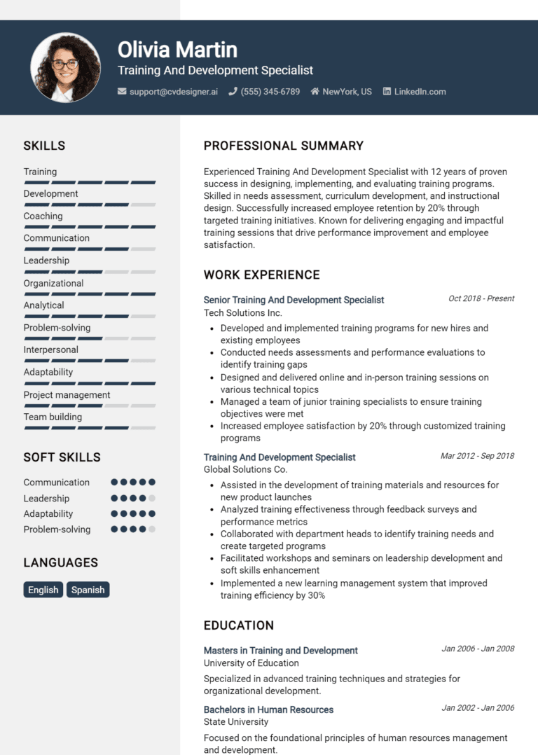 8 Training and Development Specialist Resume Examples And Templates for 2025