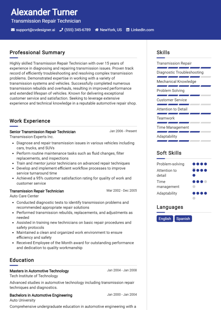 Transmission Repair Technician Resume Example