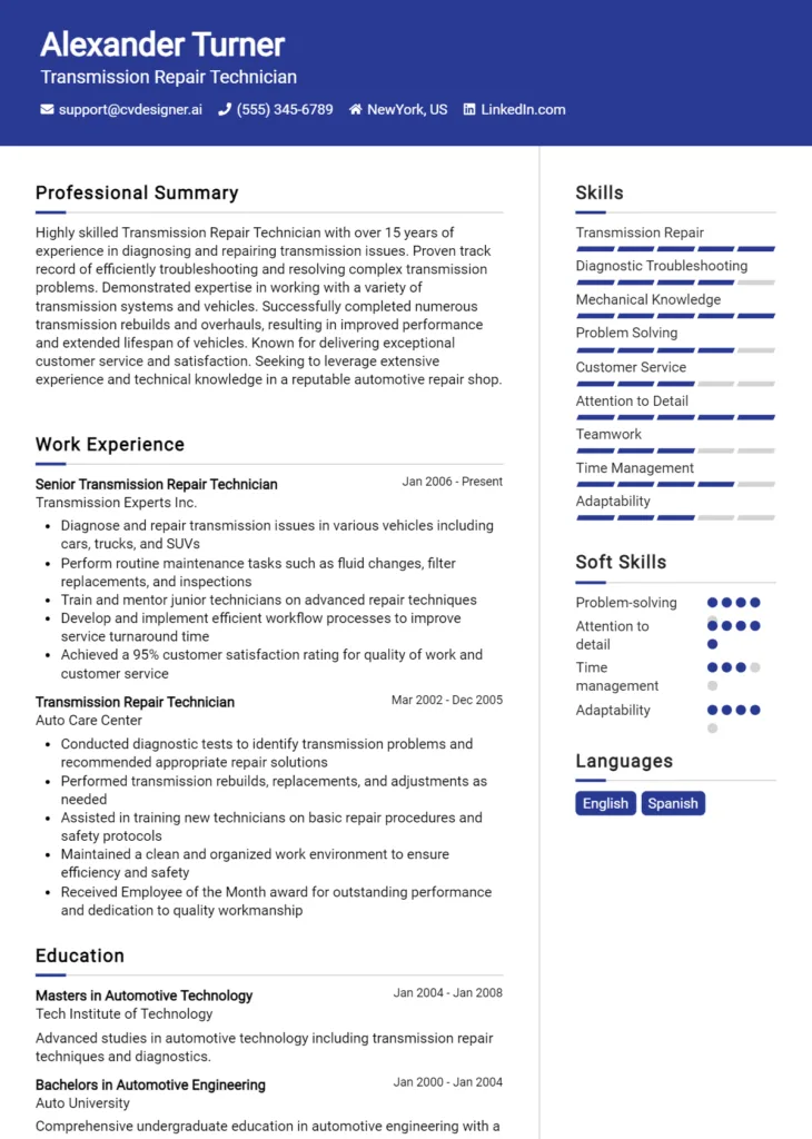 Transmission Repair Technician Resume Example