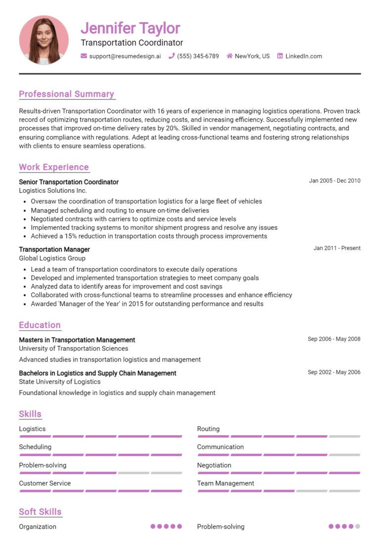 8 Transportation Coordinator Resume Examples And Templates for 2025