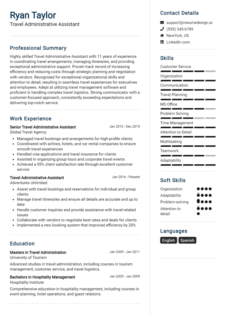 11 Travel Administrative Assistant Resume Examples And Templates for 2025: Top Tips