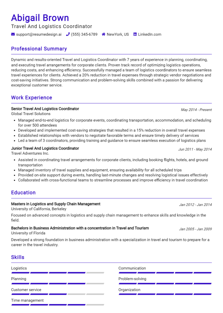 Travel And Logistics Coordinator Resume Example