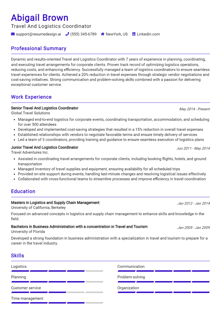 11 Travel and Logistics Coordinator Resume Examples And Templates for 2025