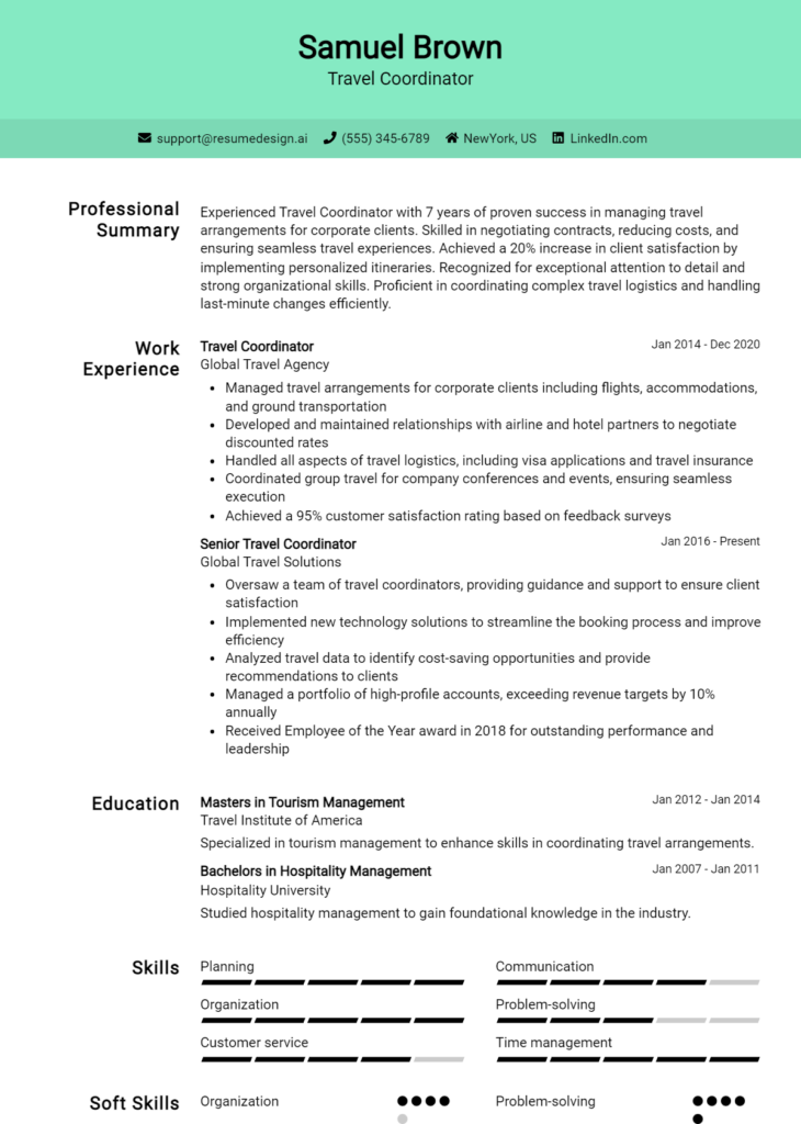 Travel Coordinator Resume Example