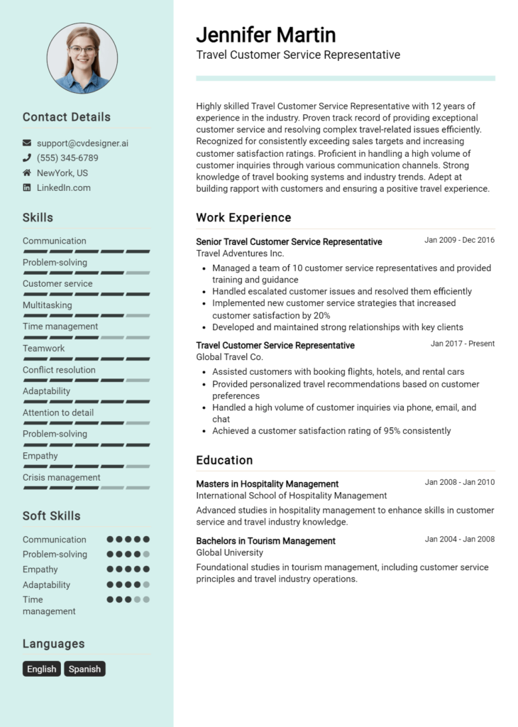 Travel Customer Service Representative Resume Example