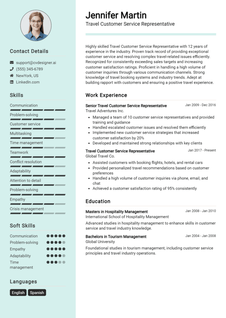 16 Travel Customer Service Representative Resume Examples And Templates for 2025 [Guide]