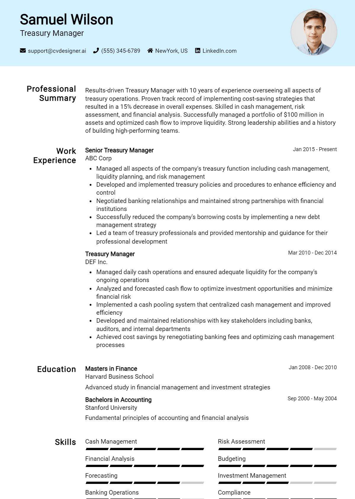 Treasury Manager Resume Example