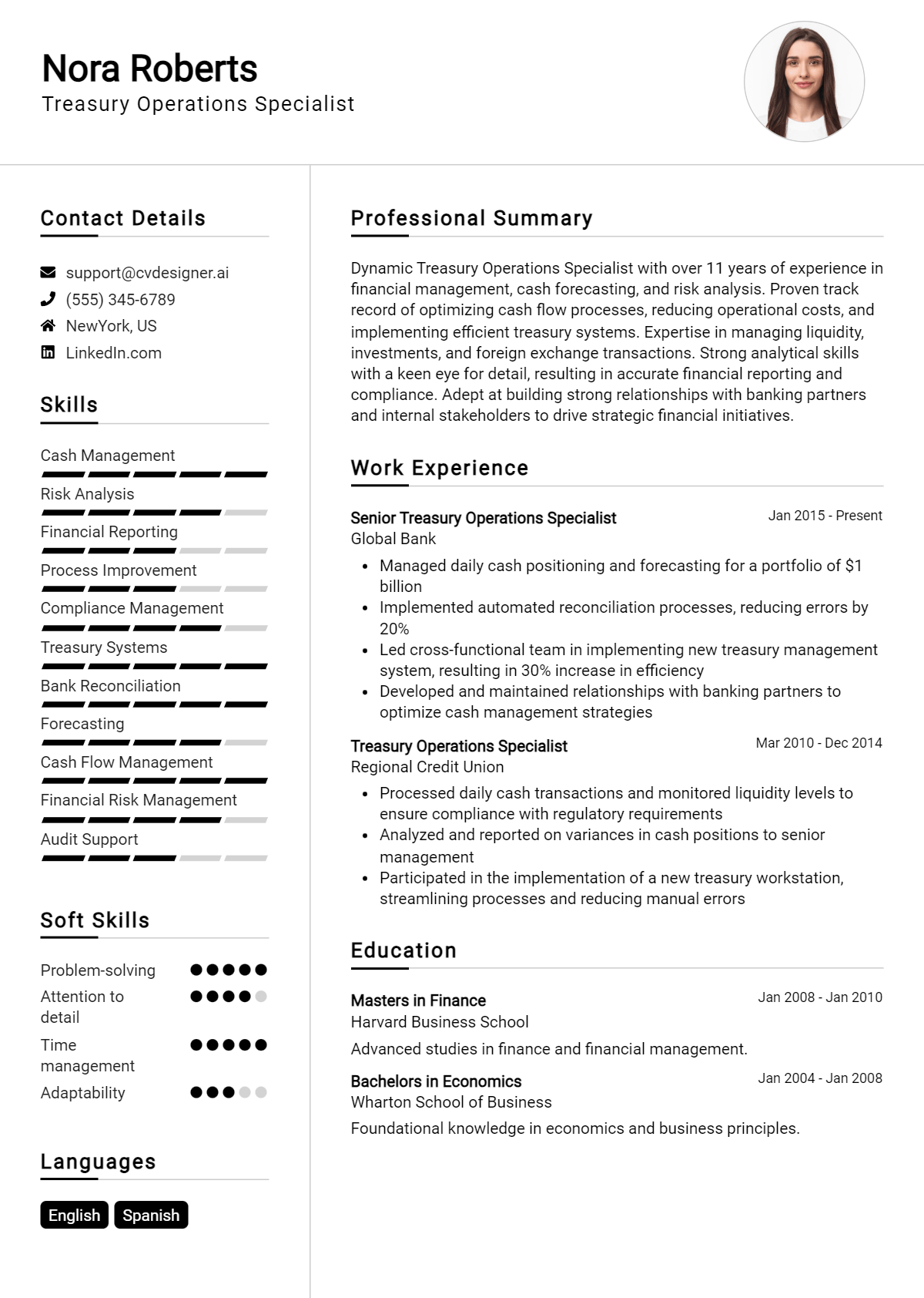 Treasury Operations Specialist Resume Example