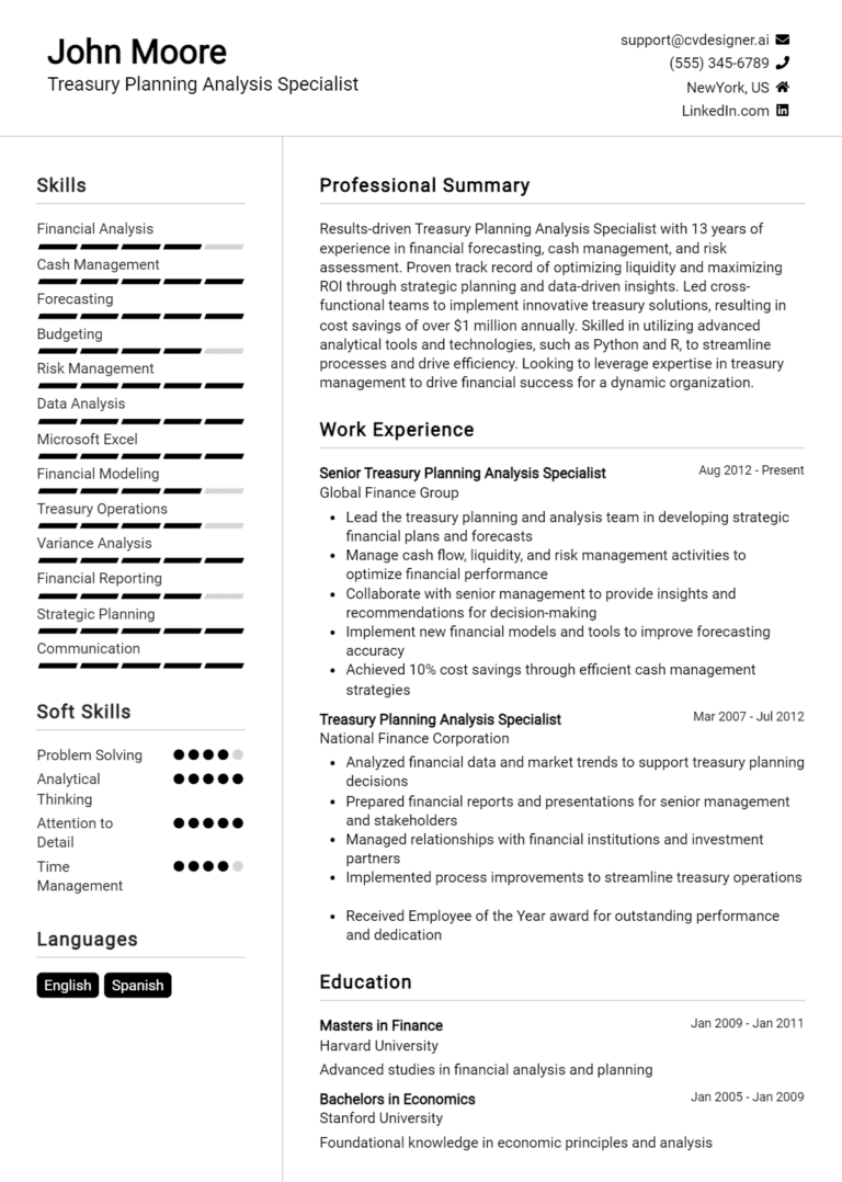 18 Treasury Planning & Analysis Specialist Resume Examples And Templates for 2025