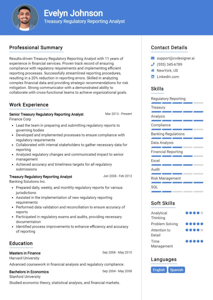 Treasury Regulatory Reporting Analyst Resume Example Template #3