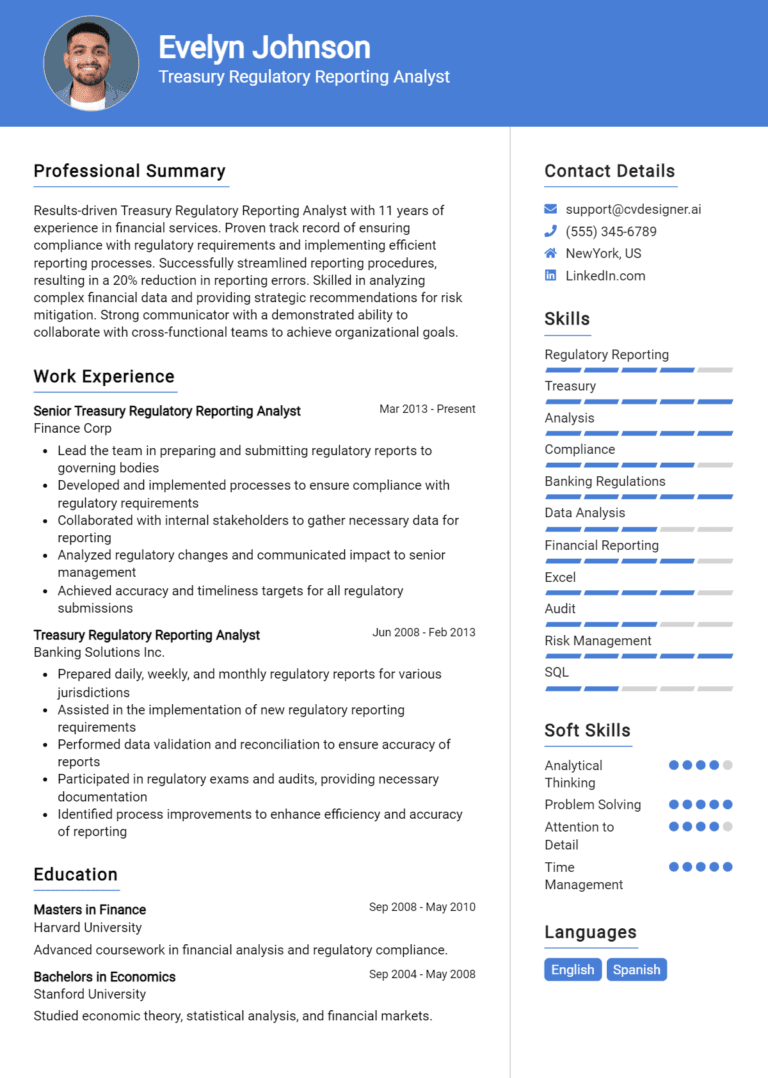 18 Treasury Regulatory Reporting Analyst Resume Examples And Templates for 2025