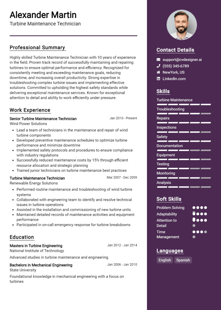 21 Turbine Maintenance Technician Resume Examples And Templates for 2025