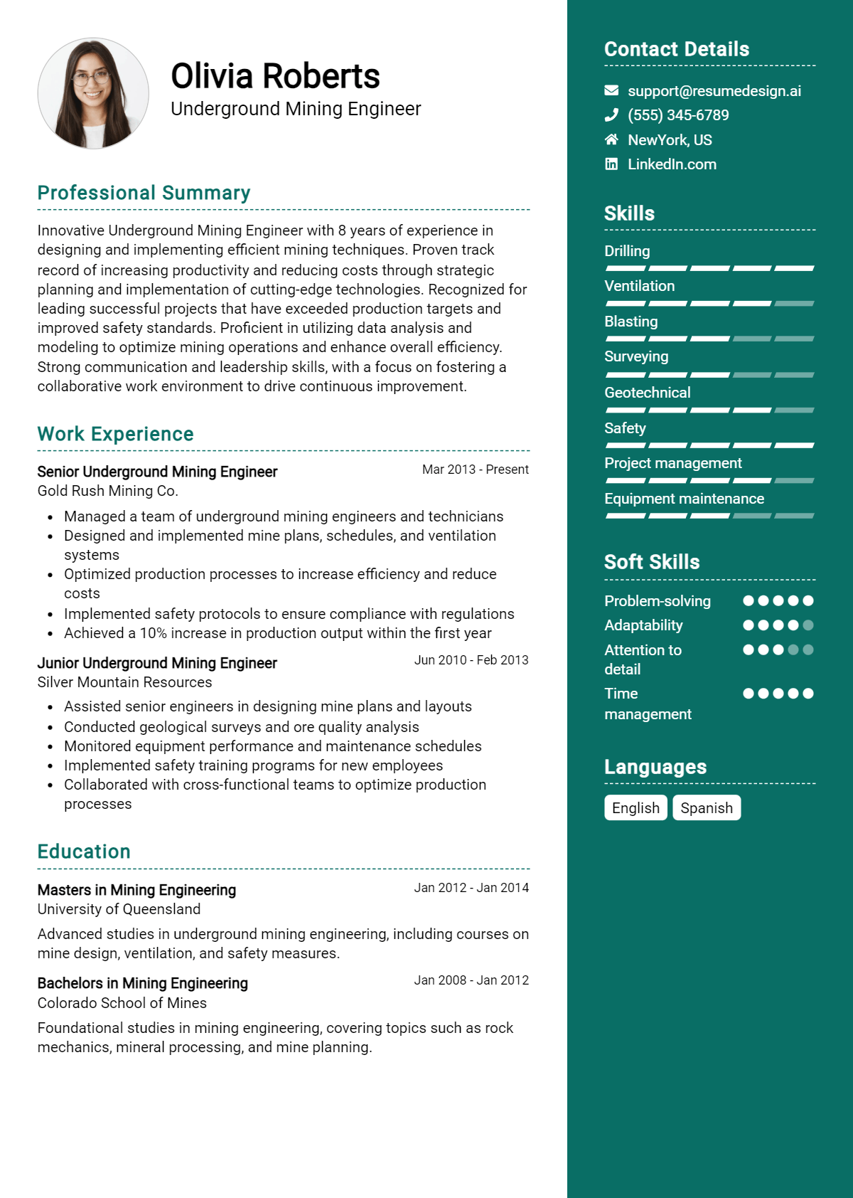 Underground Mining Engineer Resume Example