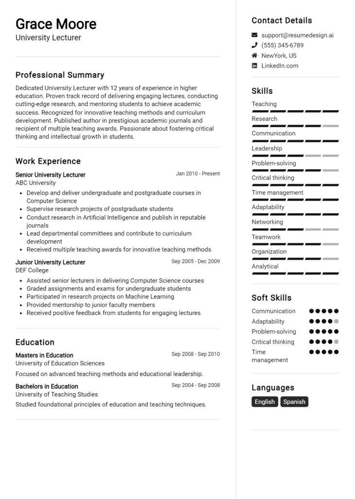 University Lecturer Resume Example