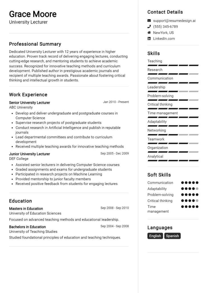 University Lecturer Resume Example