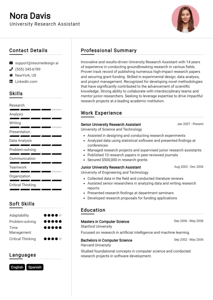 University Research Assistant Resume Example