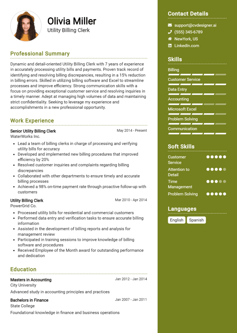 13 Utility Billing Clerk Resume Examples And Templates for 2025 (Downloadable)
