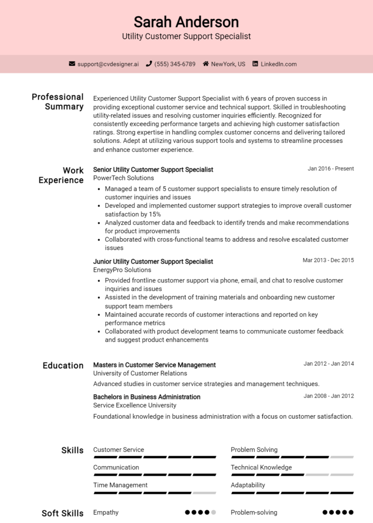 Utility Customer Support Specialist Resume Example