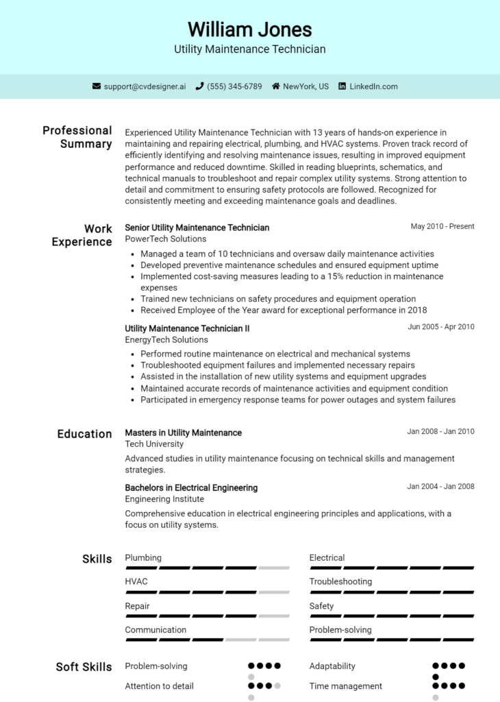 Utility Maintenance Technician Resume Example