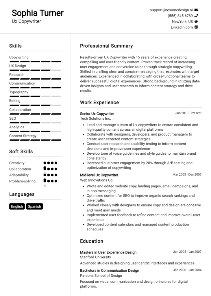 Ux Copywriter Resume Example