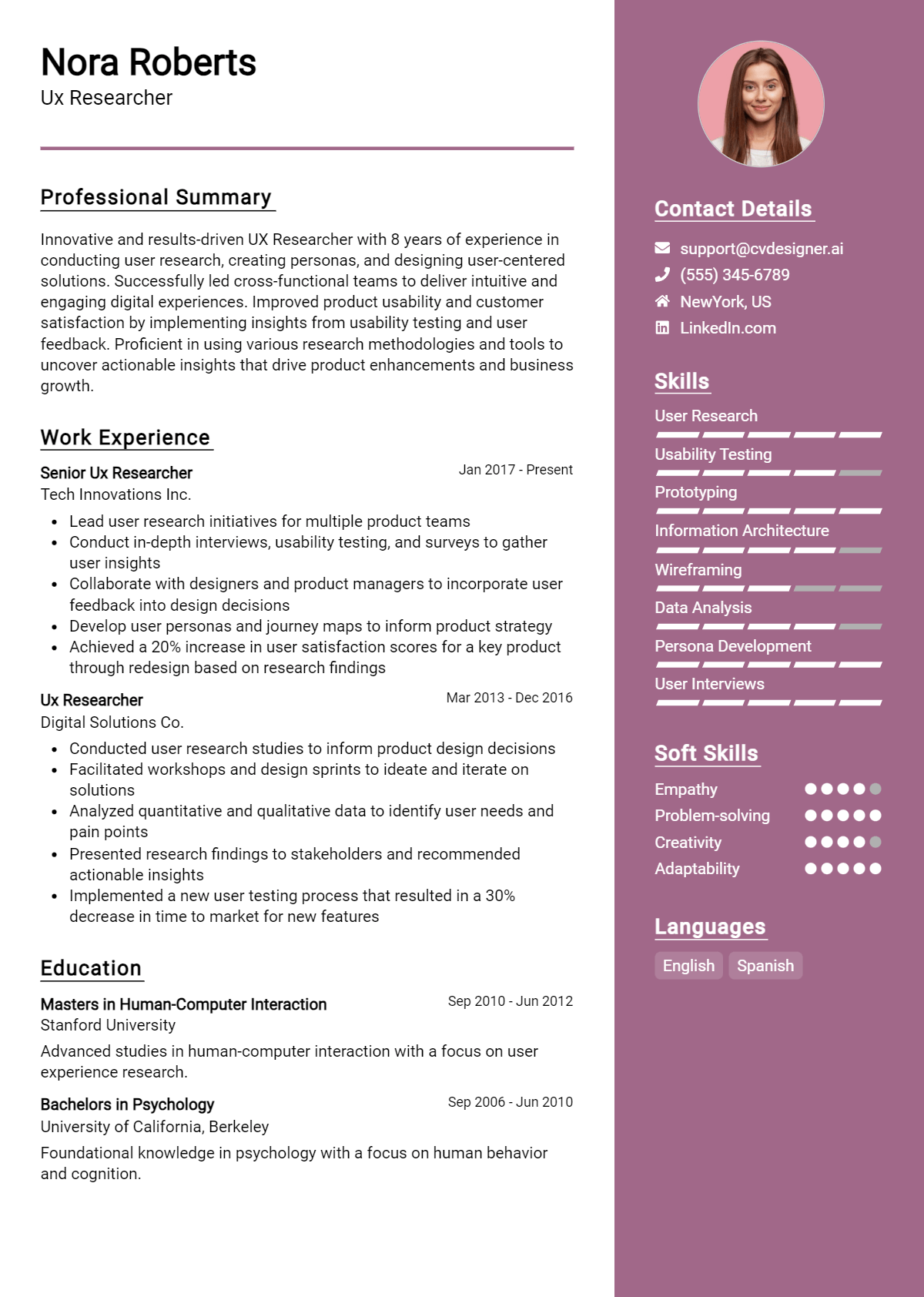 Ux Researcher Resume Example