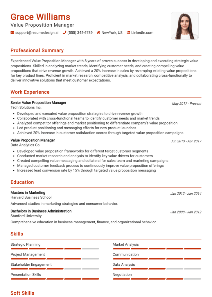 Value Proposition Manager Resume Example